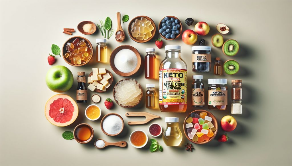 Assortment of organic apple cider vinegar, gelatin, erythritol, stevia, and fruit extracts arranged in a vibrant and natural display for making keto ACV gummies.