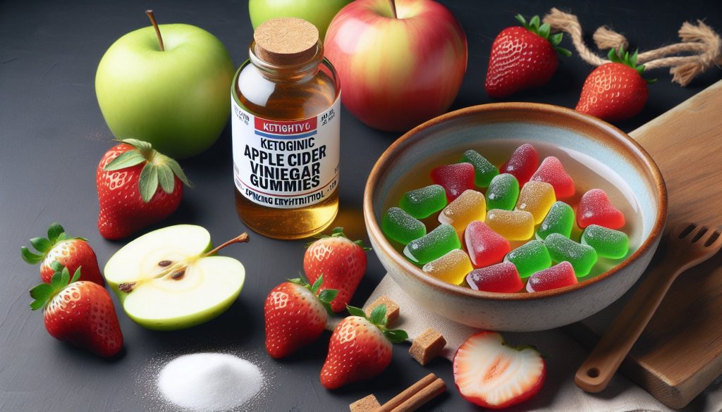 Keto ACV gummies arranged with strawberries, apple cider vinegar, and erythritol for a ketogenic lifestyle